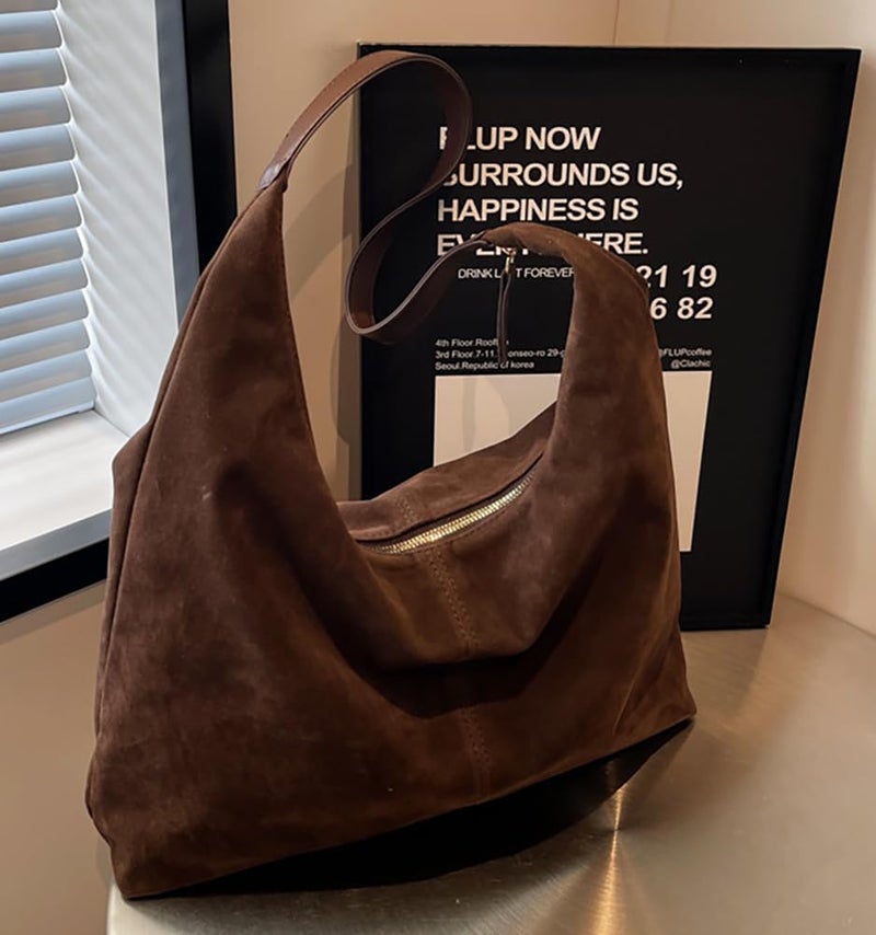 Bagkeak Slouchy Suede Shoulder Bags For Women Underarm Bag Womens Tote Bag Work Purses Crescent Bag Suede Handbag Travel Winter Fall - Image 4
